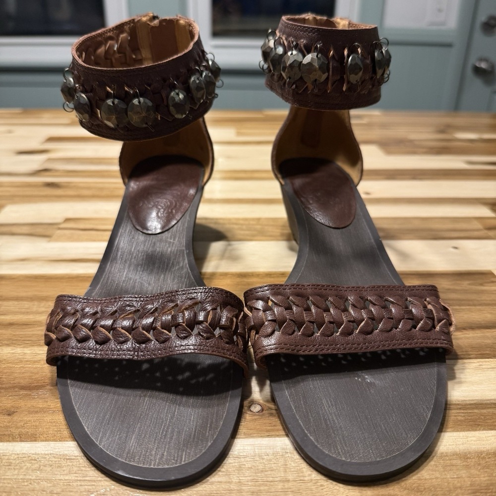 Nine West Brown American Vintage Leather Studded Braided Block Heel Sandal 7.5M